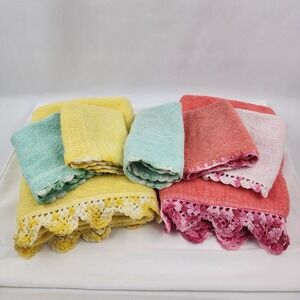 Vtg. Cannon Pink/ Coral‎ Yellow Towels Washcloths Crochet Edge Made USA 3 Extra